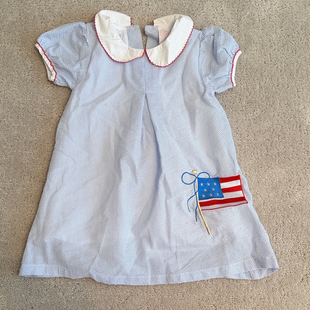 Girls' Light Blue Seersucker Flag Embroidered Dress